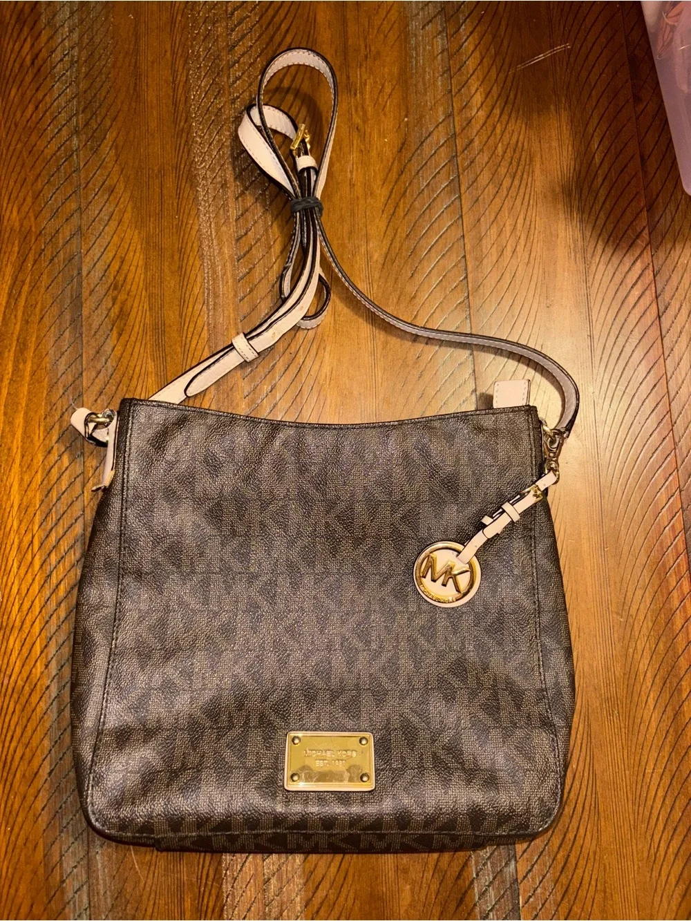 Michael Kors Brown Logo-Print Shoulder Bag with Gold Accent